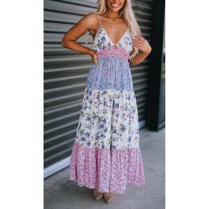 NWT Angie Tiered Maxi Dress Deep V-Neck Tie Back Large Blue Pink Smocked Boho